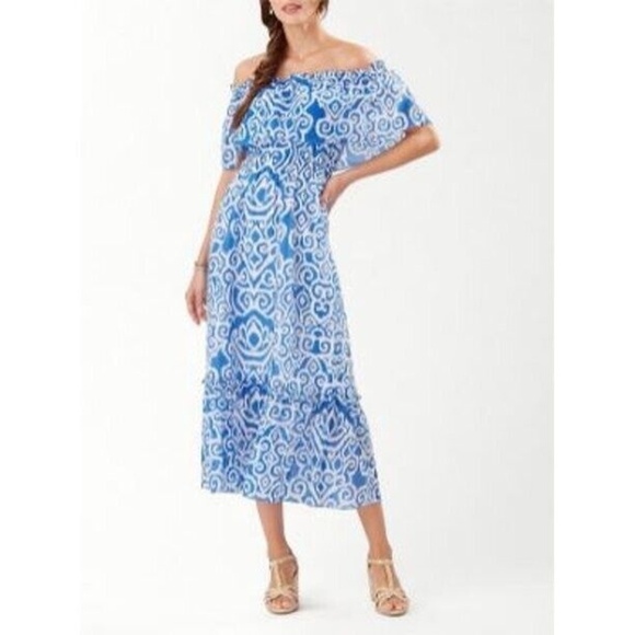 Tommy Bahama Silk Of the Shoulder Calypso Dress XS Whimsical Ruffled Milkmaid - Picture 1 of 12